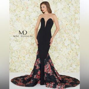 Mac Duggal Strapless Black and Red Floral Maxi Gown
